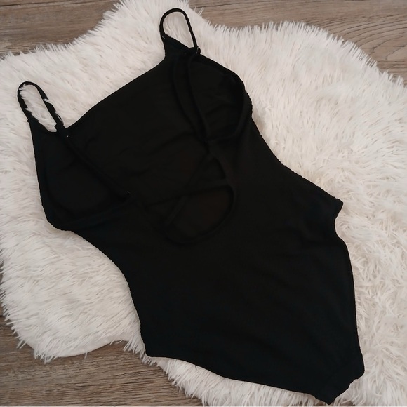 Aerie Swimsuit One Piece Small Pique Textured Solid Black VSCO Classic - Picture 11 of 13